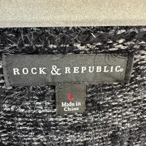 Rock & Roll Black Silver Heather Long Sleeve V-Neck Fuzzy Pullover Sweater Sz L - Picture 4 of 5